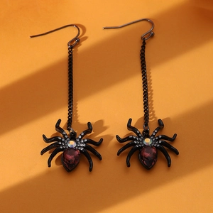 Halloween black spider earrings with red teardrop gems and long tassel chains