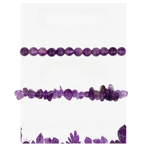 Detail of purple amethyst crystal beads and raw stones with healing benefit info