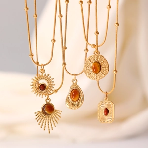 Vintage Tiger Eye Stone Pendant Necklace For Women Gold Plated Alloy Brown Gemstone Jewelry Maillard Style Accessory