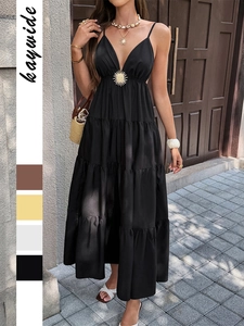Polyester Camisole Maxi Kleid Damen Elegant V-Ausschnitt Rückenfrei Gestufter Rock Mit Sonnendekoration Lässiger Sommer