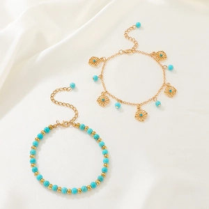Bohemian gold alloy floral pendant anklet and blue turquoise bead bracelet set for women
