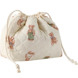 Quilted Cotton Drawstring Makeup Bag Portable High Capacity Cosmetic Storage Pouch For Travel Vintage Bear Pattern