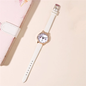 Cute cat pattern quartz watch with white leather strap and kitten ears case for girls