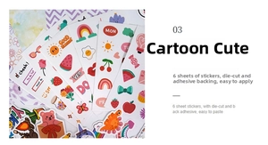 Detailed view of 6 sheets cute cartoon DIY journal stickers with rainbow and animal patterns