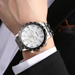Business style men's quartz watch with stainless steel band and white chronograph dial