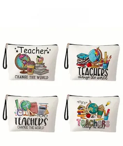Detailed grid view of four linen teacher cosmetic bags with colorful education graphics