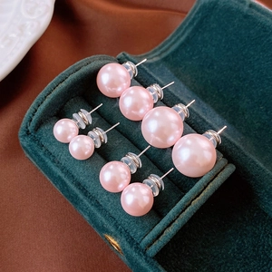 Elegant Pink Round Artificial Pearl Stud Earrings With Silver Earring Post Simple Geometric Jewelry For Women