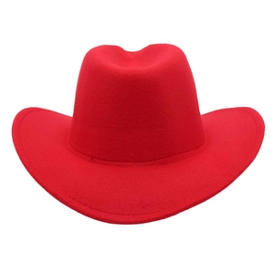 Detailed view of the vibrant red felt texture and curved brim of the kids' cowboy hat