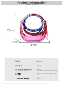 Vue détaillée du sac boîte en acrylique dégradé avec dimensions et détails de la chaîne dorée
