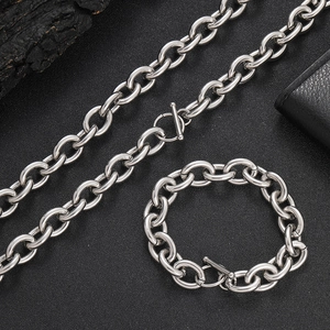 Detail of 12mm silver stainless steel chain necklace and bracelet with OT toggle clasp