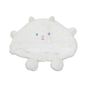 Close-up of white plush lamb ear hat with cute embroidered eyes and pink nose details