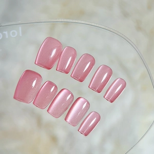 Handmade Pink Cat Eye Press On Nails Transparent Jelly Short Square Nail Patches For Women Simple Style