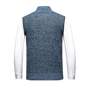 Close-up back view of men's blue melange knitted vest with detailed shoulder stitching