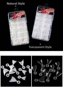 Detail of clear and natural French half-cover nail tips with size numbers in a storage box