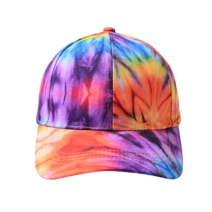 Colorful tie-dye graffiti baseball cap with vibrant purple, orange, and blue swirl pattern
