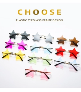 Array of star-shaped rimless sunglasses in multiple colors with elastic metal frames