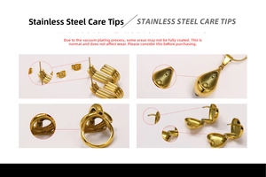Detail of PVD gold plating on stainless steel C-shape earrings and jewelry set