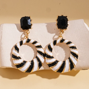 Vintage geometric drop earrings with black rhinestones and black-white spiral hoop details