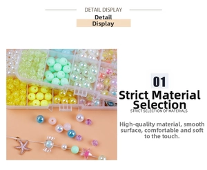 Detail view of green and yellow DIY bead kit with star charms in a grid organizer box
