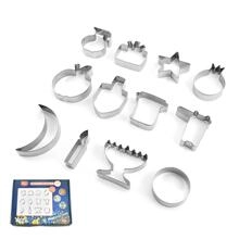 Detailed 12-piece stainless steel cookie cutter set with various festive shapes and box