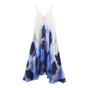 Elegante abito lungo senza schienale con stampa tie-dye blu e spalline sottili