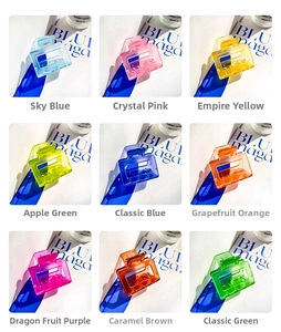 Detail view of 9 candy-colored square hair claws in translucent acrylic and resin