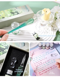 Macro detail of gradient glass dip pen set with color ink bottles and gift box