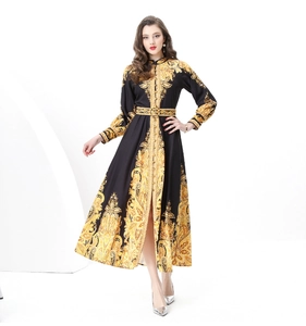 Detail of vintage baroque print maxi dress with stand collar and matching waist belt