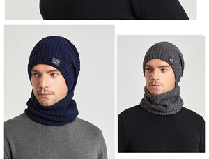 Detail of winter knitted beanie and neck warmer set with warm fleece lining and sport label