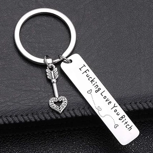 Funny stainless steel heart keychain with I Fucking Love You Bitch engraving on black leather