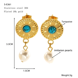 Detail view of gold-plated stainless steel earrings with turquoise and pearls including size spec