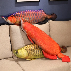 Detailed view of high-simulation Arowana plush pillow shells in red and golden colors
