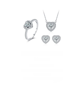 Macro shot of S925 sterling silver heart jewelry set with D color moissanite accents