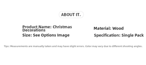 Detailed specification sheet for wooden Christmas hanging ornament showing size and material
