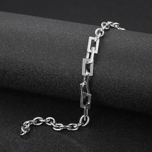 Polished stainless steel punk chain bracelet with circular and rectangular link design