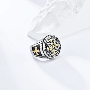 Retro Saint Benedict medal cross ring in silver and gold plating on white stone base