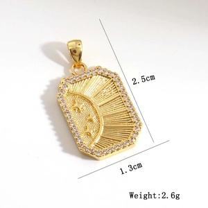 Detail view of gold rectangle pendant with zirconia and dimensions 2.5cm by 1.3cm