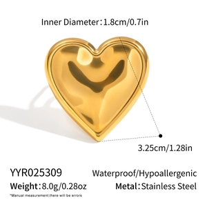 Detailed size guide for gold heart ring in waterproof and hypoallergenic stainless steel