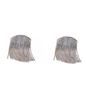Silver arched metal tassel earrings with multiple fine chains for a bold fashion look