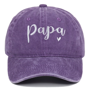 Close-up of vintage washed purple cotton baseball cap with white Papa heart embroidery