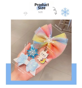 Detailed dimensions of 4-piece Frozen-themed hair bow set for girls showing size measurements