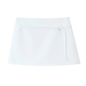 Minimalist white high-waisted mini skirt with decorative matching belt and tied knot
