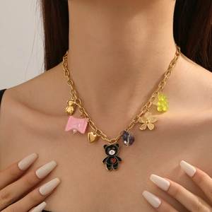 Gold-plated pastoral necklace with cute bear, butterfly, and sweet candy charms