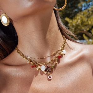 Detailed layered 18K gold stainless steel necklace with pearl, flower and heart pendants