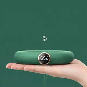 Smart USB electric cup warmer with digital temperature display and dark green finish