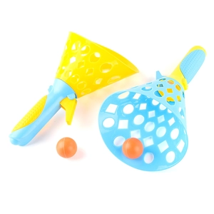 Set gioco di lancio e cattura per bambini con lanciatori blu e gialli e palline arancioni