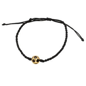 Detail showing the adjustable black woven cord and golden soccer ball charm of the bracelet