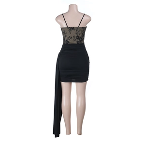 Detail of lace back stitching and elegant ruched side drape on black mini dress