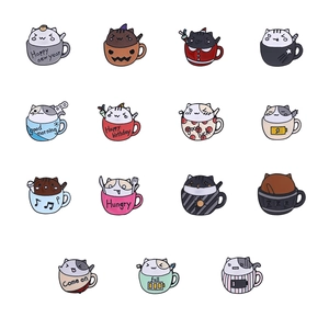 Collection of 15 cartoon cat teacup enamel pins with various cute patterns and motifs