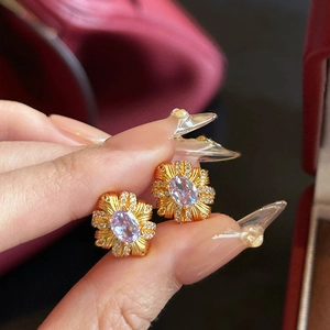 Radiant Flower Stud Earrings 18K Gold Plated Copper Oval Purple Zircon Elegant Vintage Style Silver Earring Post Women